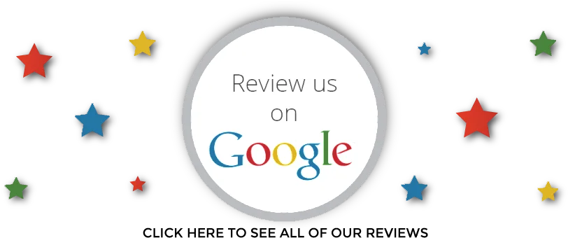 Review us on Google with colorful stars surrounding circular badge with call-to-action text below