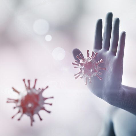 Man stopping coronavirus. Immune system defend from corona virus COVID-19. 3D render